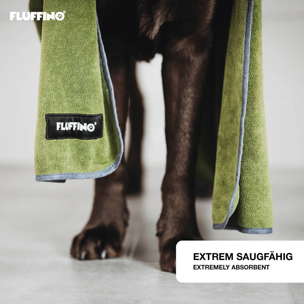 Hundehandtuch Mikrofaser – 4er-Pack - Grau & Grün von FLUFFINO, extra saugfähig, schnell trocknend, für kleine und mittelgroße Hunde.