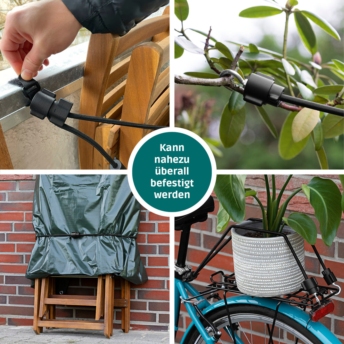 Multifunktionales Spanngummi-System - Premium-Set mit verstellbarer Länge und vielseitigen Befestigungsmöglichkeiten für Indoor und Outdoor.