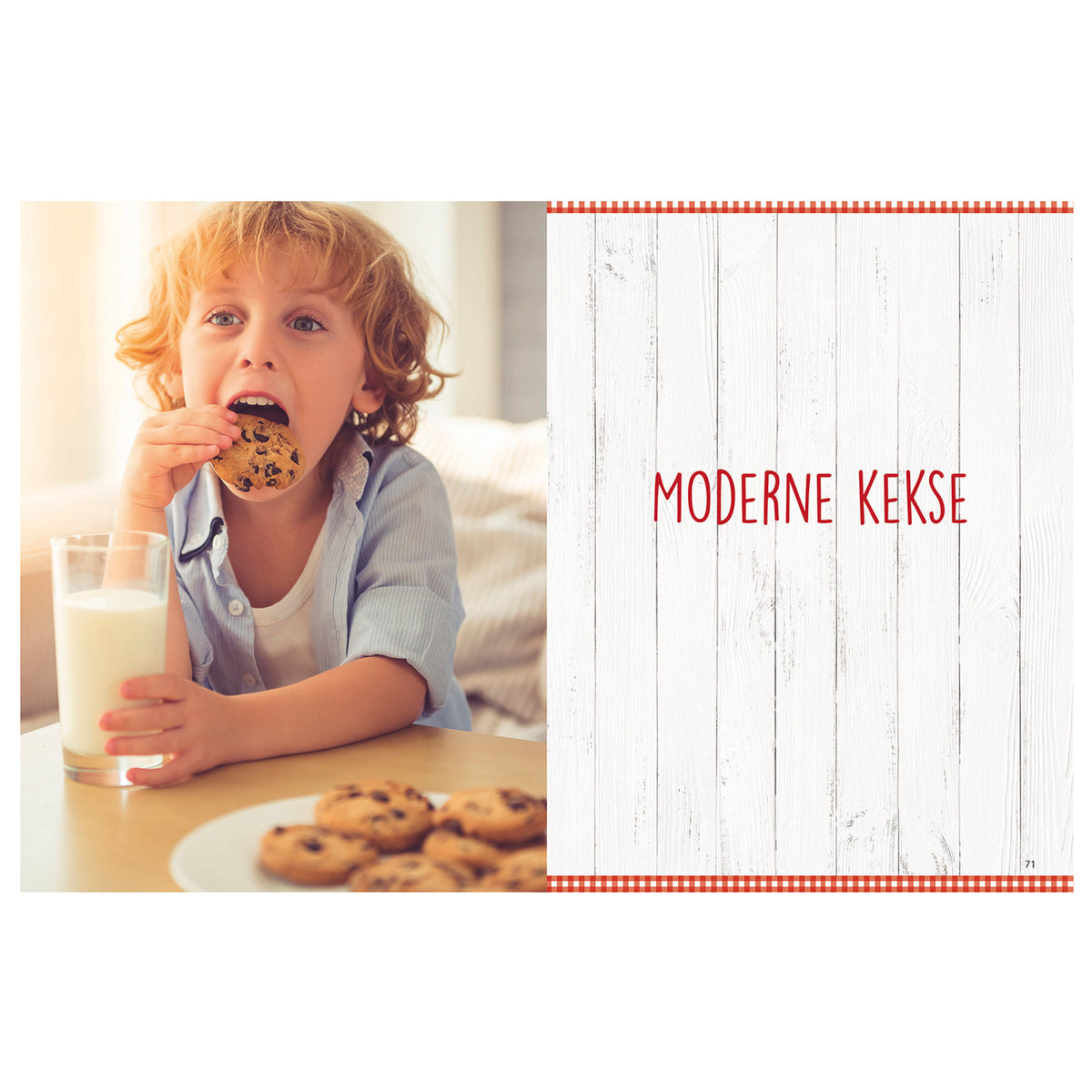 Kind isst Keks mit Milch neben Seite „Moderne Kekse“ aus Rezeptbuch (Ergänzungsexemplar ohne Messbecher) Band 3 - Plätzchen, Kekse, Cookies & Co.