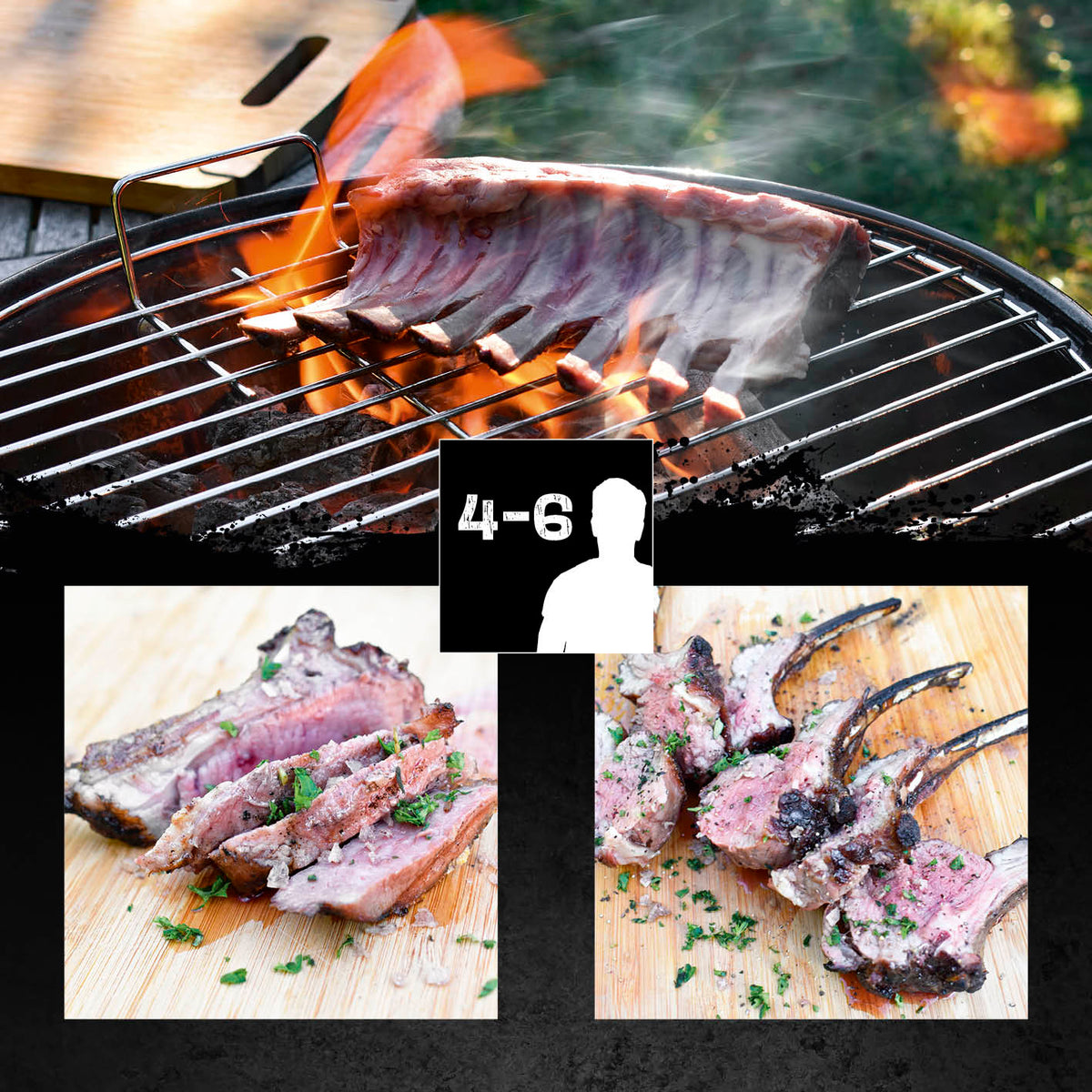 Holzkohle-Kugelgrill mit Flammengrillen und gegrillten Lammkoteletts, ideal für 4-6 Personen, kompakt und mobil.