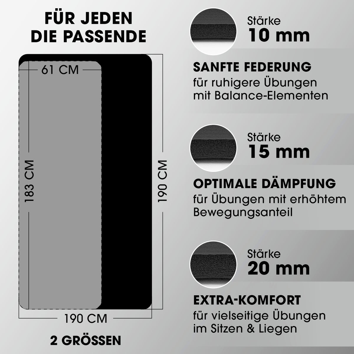 Fitness- und Gymnastikmatte - 183 x 61 x 1 cm - Schwarz mit rutschfester, robuster Oberfläche und optimaler Dämpfung für Yoga und Gymnastik.