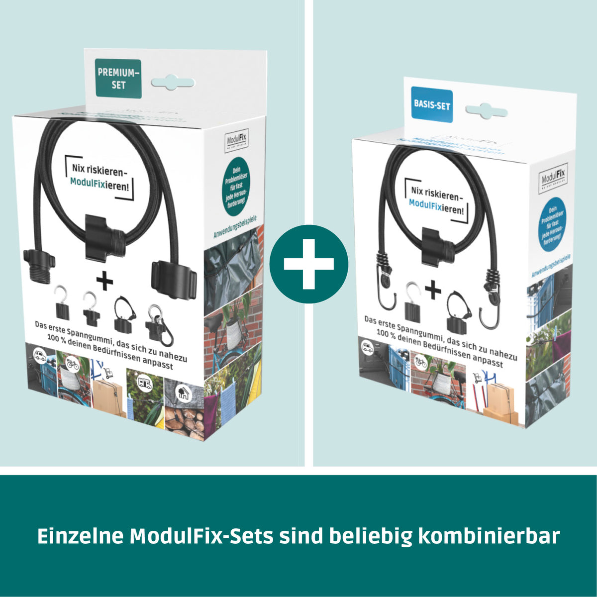 Multifunktionales Spanngummi-System - Premium-Set mit variabler Länge, Haken, Klettverschluss und Karabiner für vielseitige Befestigung.