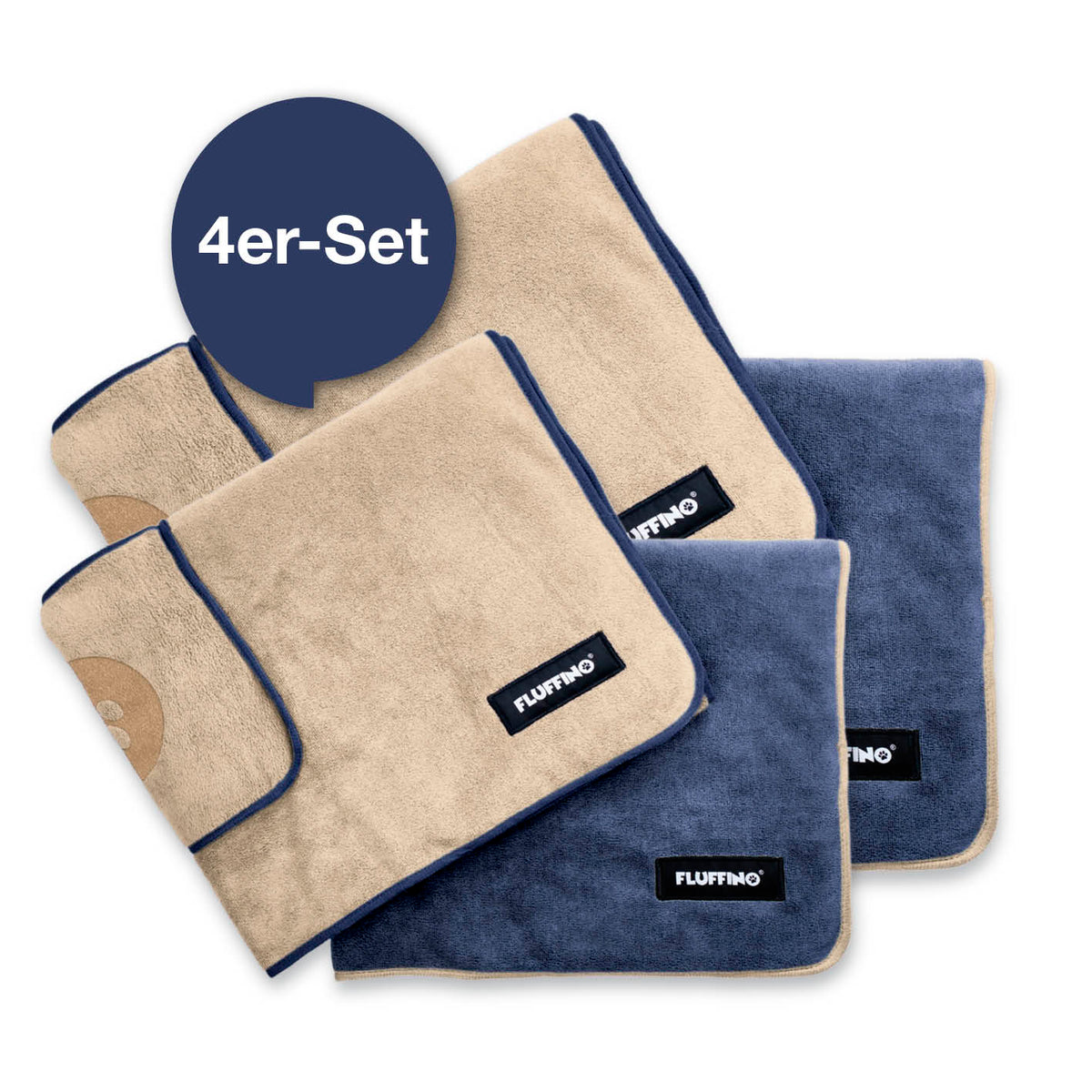 Hundehandtuch Mikrofaser – 4er-Pack Beige & Blau, extra saugfähig, schnell trocknend, für kleine und mittelgroße Hunde.