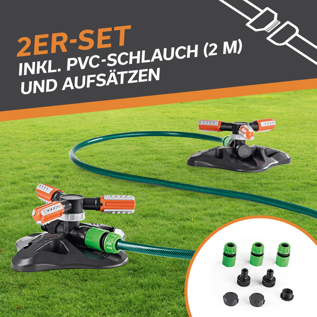 360°-Gartensprinkler - 2er-Set mit 3 rotierenden Armen, 2m PVC-Schlauch und einstellbarer Bewässerung für 75–150 m² Fläche.