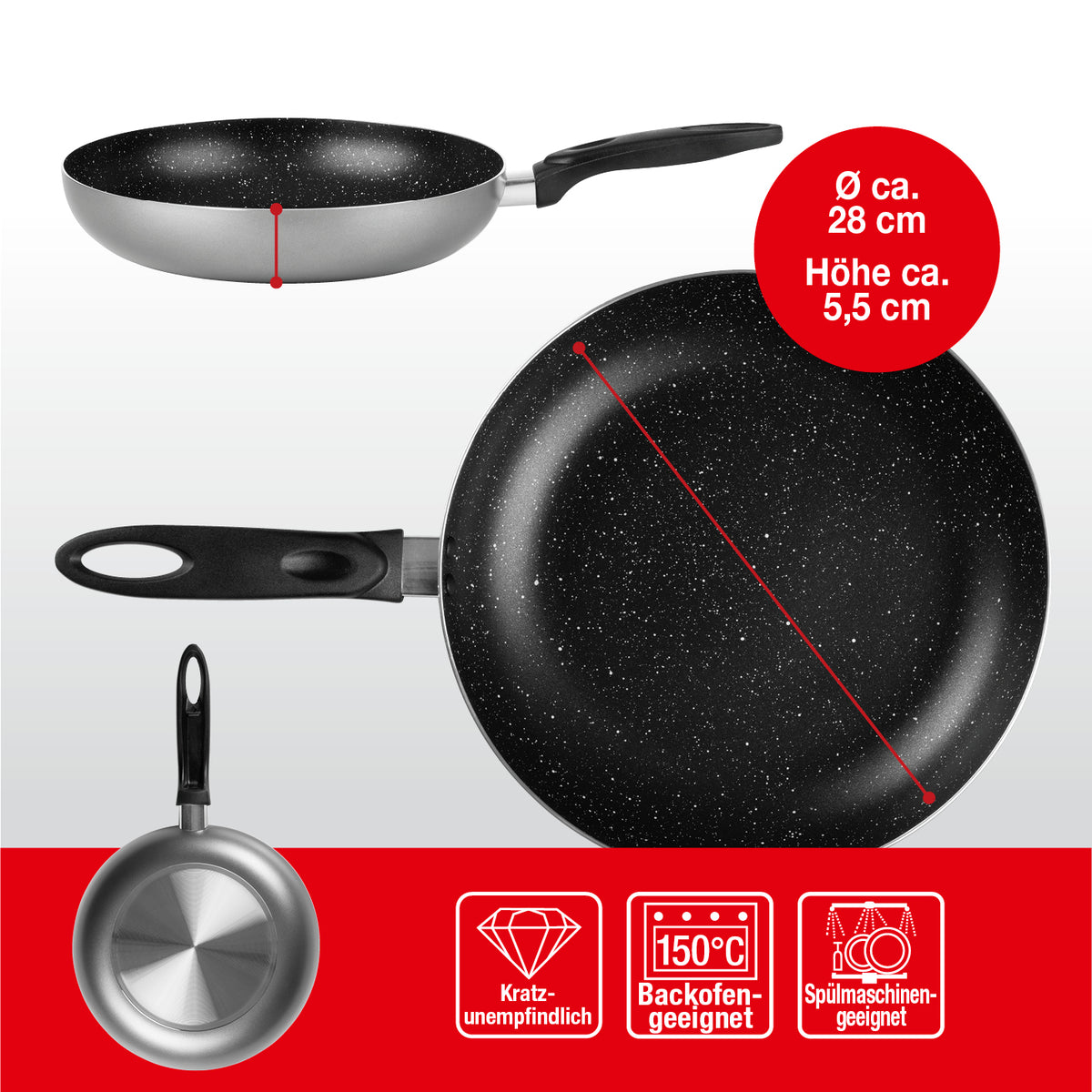 Aluminium-Pfanne mit Cool-Touch-Griff - 28 cm, antihaftbeschichtet, hitzebeständig bis 150 °C, spülmaschinengeeignet, anthrazit.