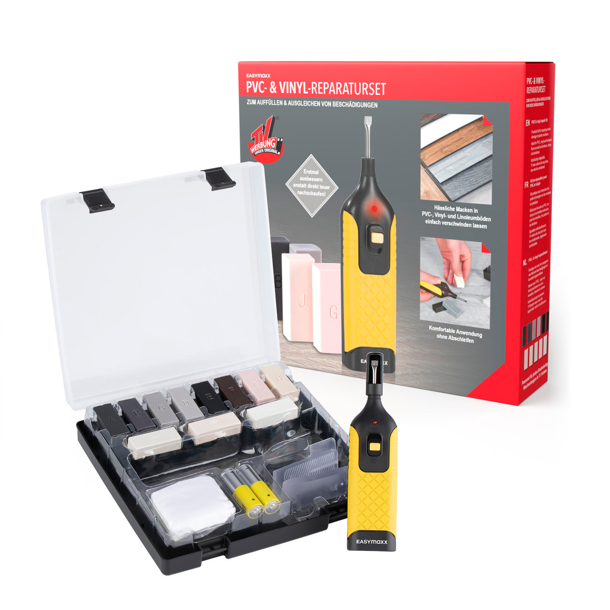 PVC- & Vinyl-Reparaturset - 19-tlg. mit vielseitigen Wachsfarben, Akzenten und batteriebetriebenem Reparaturgerät für Kunststoffoberflächen.