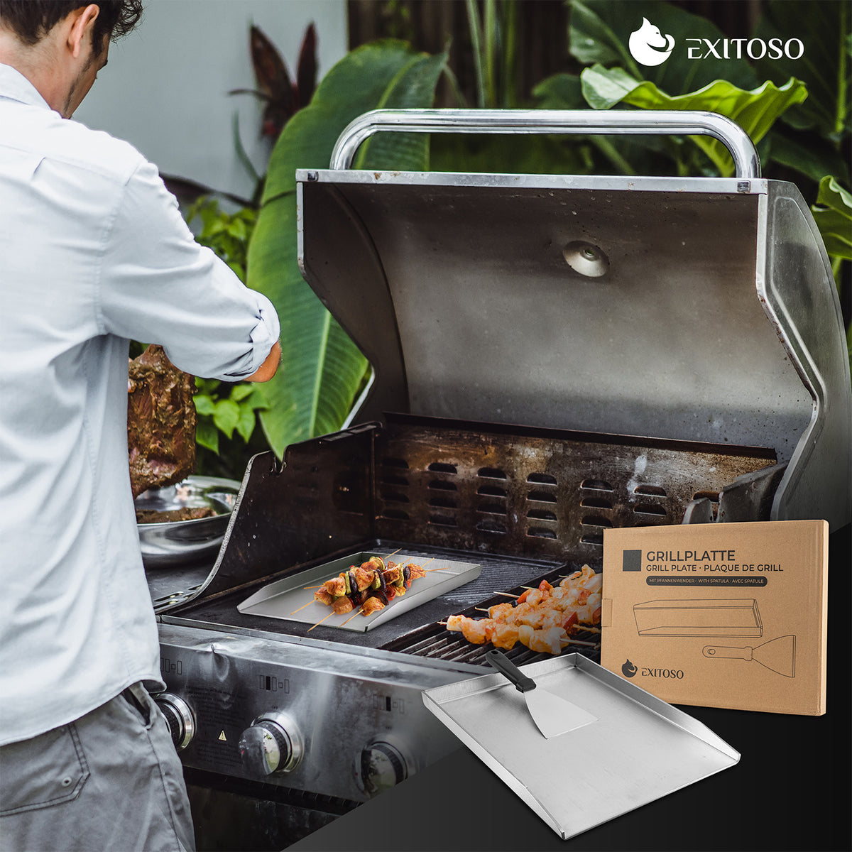 Grillplatte + Grillspachtel - Edelstahl Universalgröße, langlebig, rostfrei, leicht zu reinigen und vielseitig für Gasgrills geeignet.
