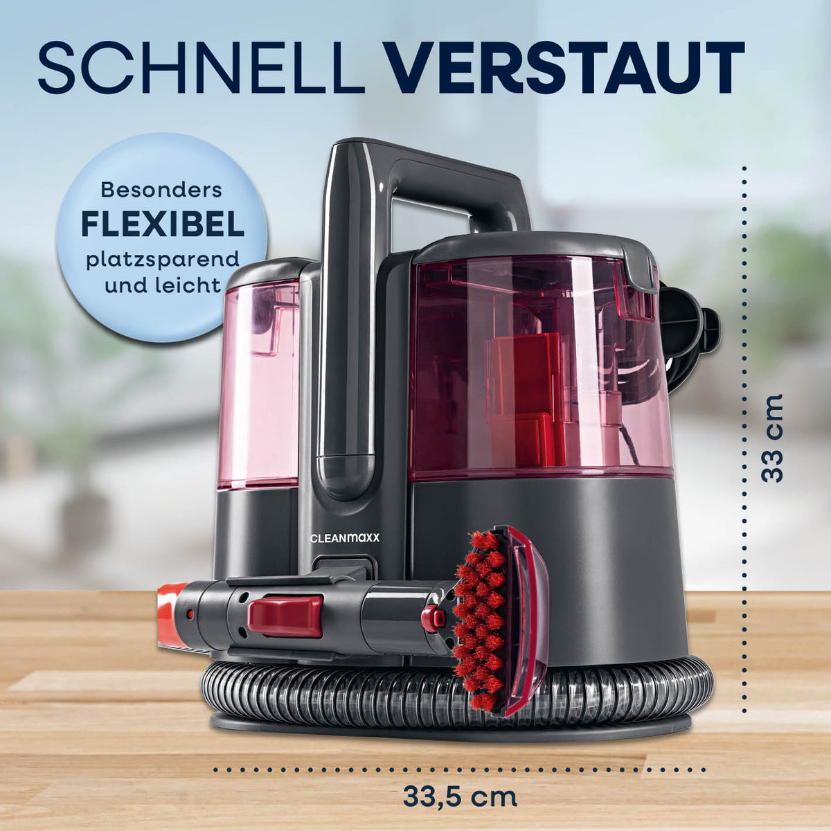 Polster- & Teppichreiniger Pro Power - Grau/Rot mit flexibler XL-Kombidüse, Dual-Tank und kompakter Größe für einfache Nassreinigung.