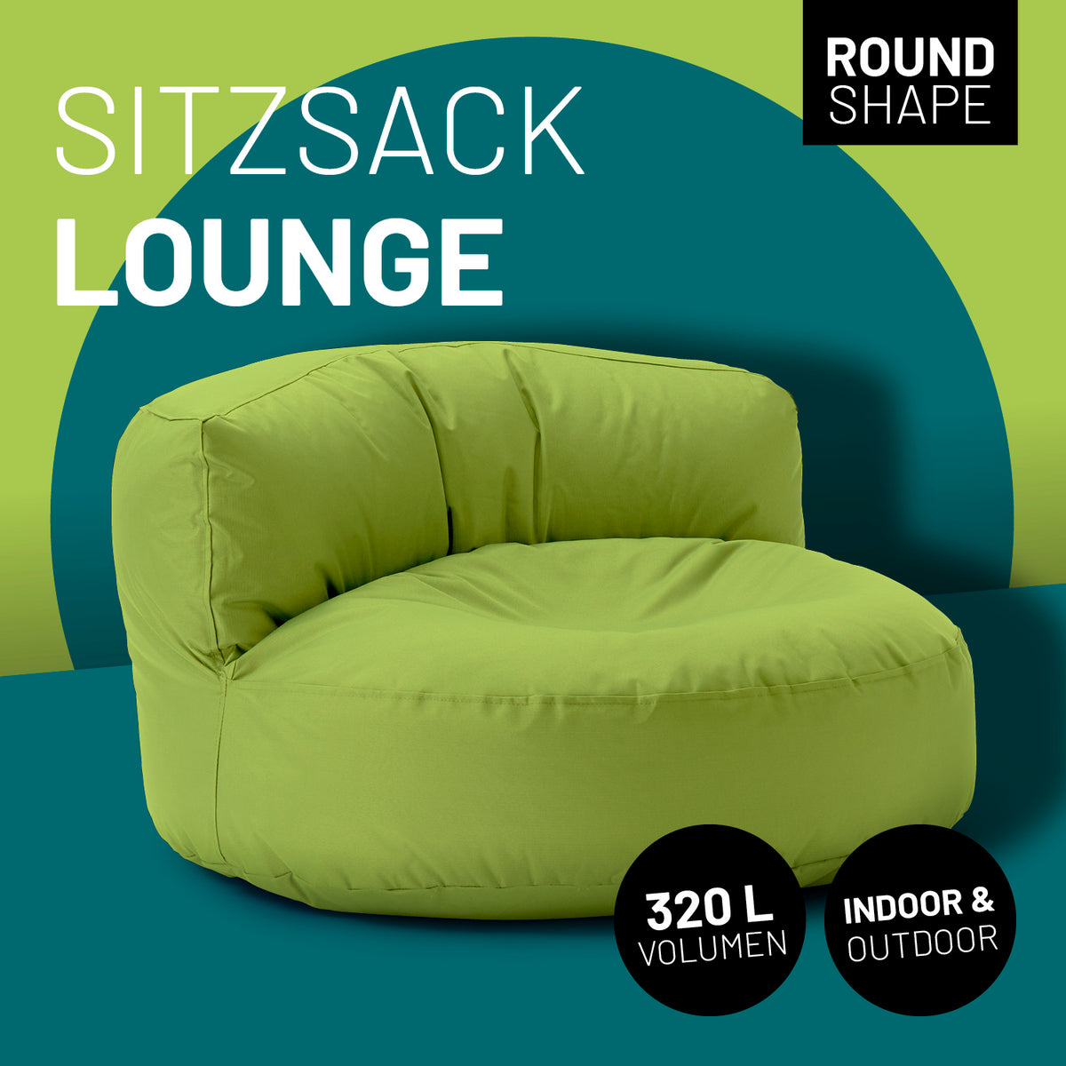 Sitzsack Lounge (320 L) Grün, bequem und modern für drinnen & draußen, langlebig, leicht, mit pflegeleichtem Material und verdecktem Reißverschluss.