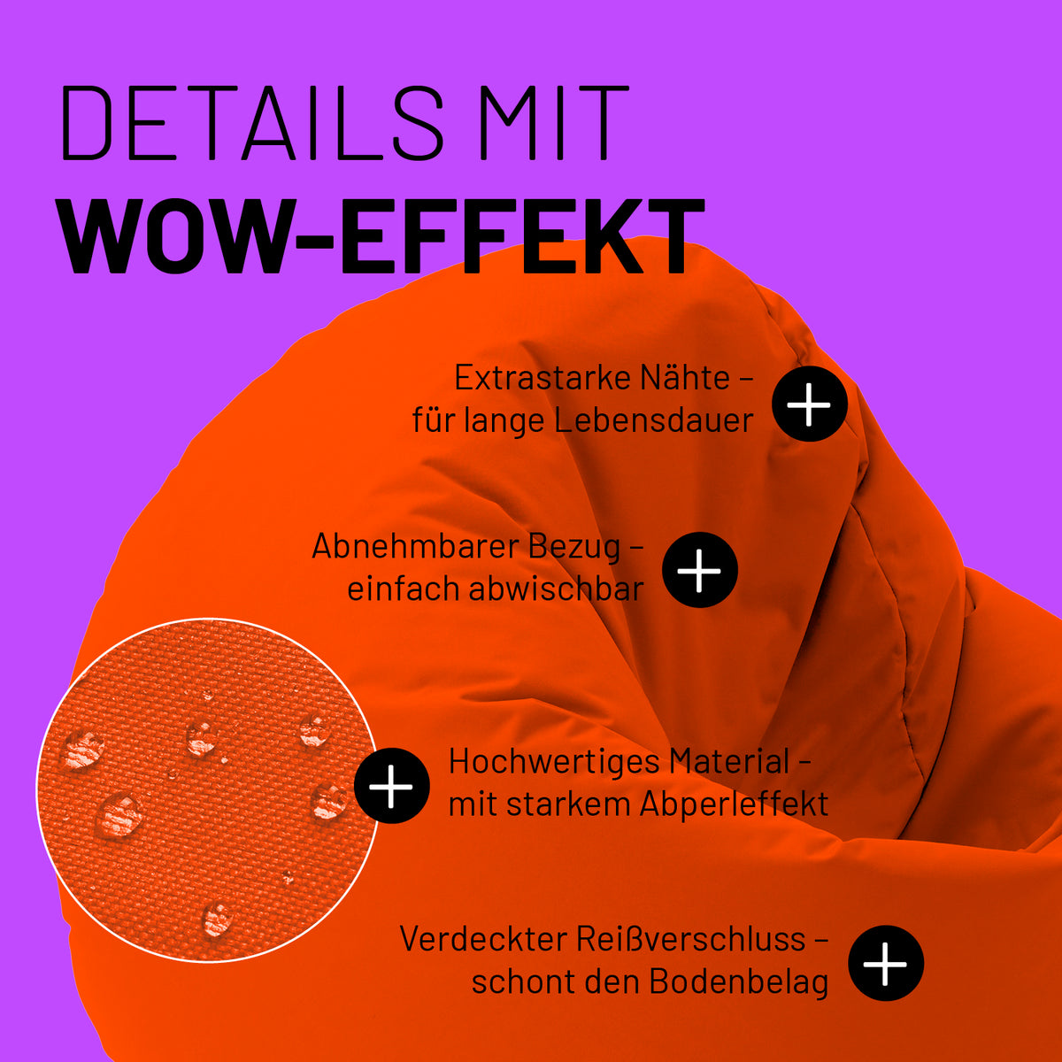Sitzsack Drops (300 L) Orange mit extrastarken Nähten, abnehmbarem Bezug, Abperleffekt und verdecktem Reißverschluss für drinnen & draußen.