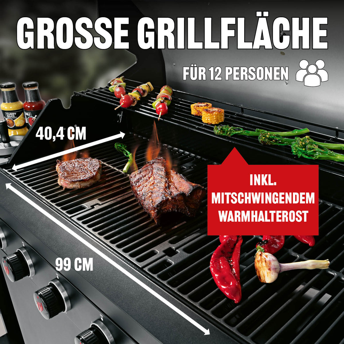 Gasgrill 6.1 mit großer Grillfläche 99x40,4 cm für 12 Personen inklusive mitschwingendem Warmhalterost und mehreren Brennern.