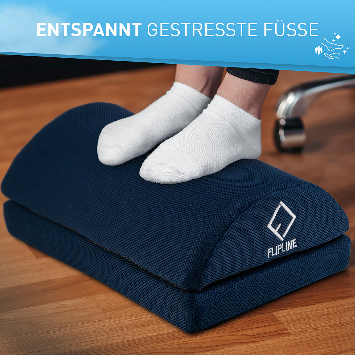 Schreibtisch-Fußstütze Mesh - Blau mit ergonomischem Design und abnehmbarem Netzbezug für entspannte Füße im Büro und Homeoffice.