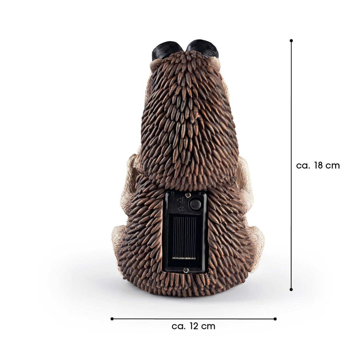 Solarlampe Igel mit Fernglas aus robustem Kunststein, 18 cm hoch, solarbetrieben mit Dämmerungssensor für Garten und Terrasse.