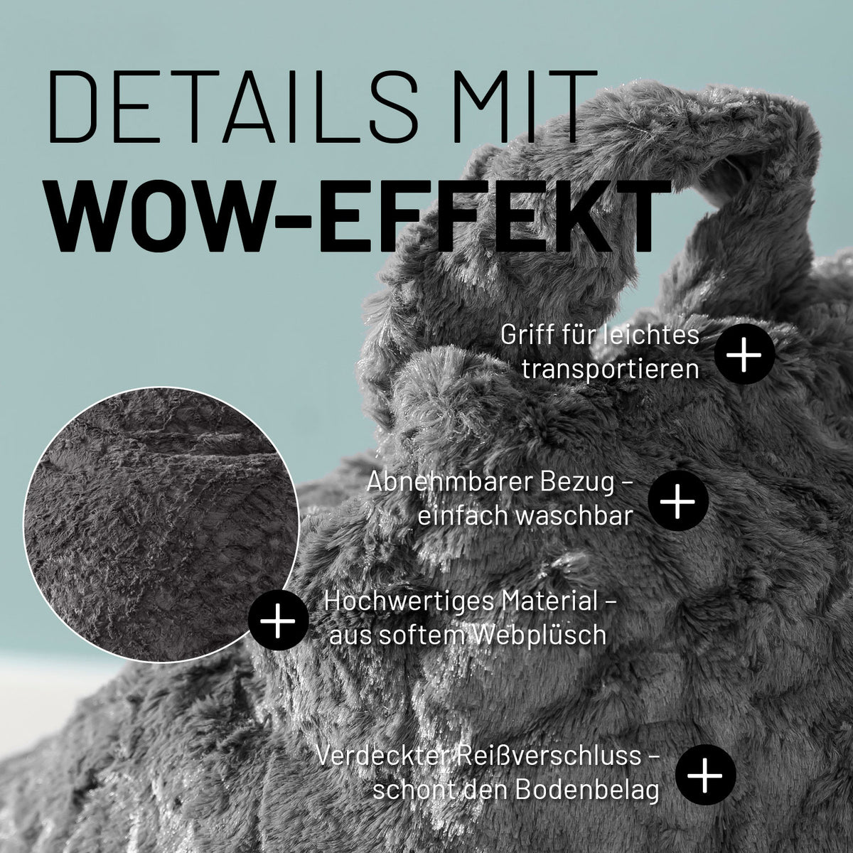 Luxury Fluffy Sitzsack (120 L) Grau aus weichem Webplüsch mit Griff, abnehmbarem Bezug und verdecktem Reißverschluss.