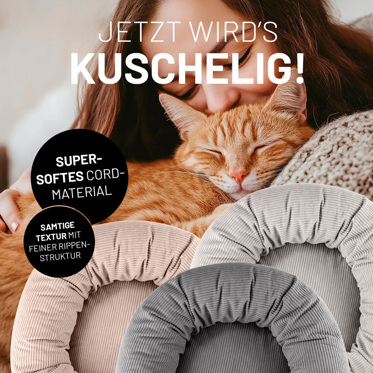 Komfort-Katzenbett aus der LUMALAND Cord-Reihe - Ø 60 cm - Rosé mit weichem Cordbezug und extra hohem Rand für gemütlichen Kuschelplatz.