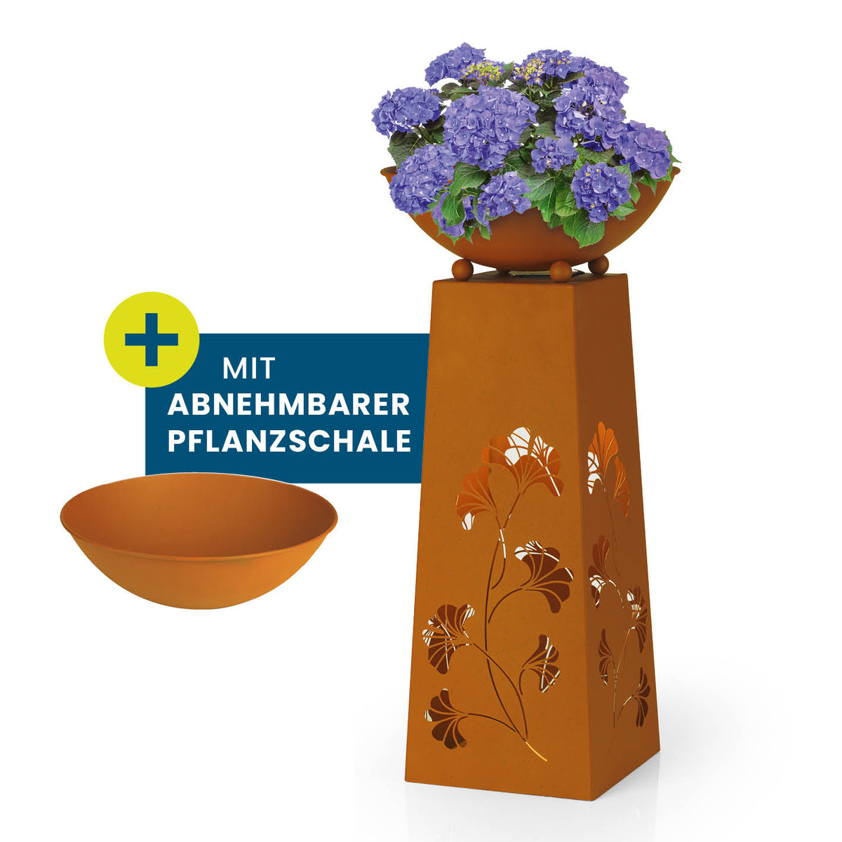 LED Pflanzsäule in Rost-Optik mit Gingkoblätter-Design, LED-Beleuchtung und abnehmbarer Pflanzschale, ideal für Garten und Terrasse.