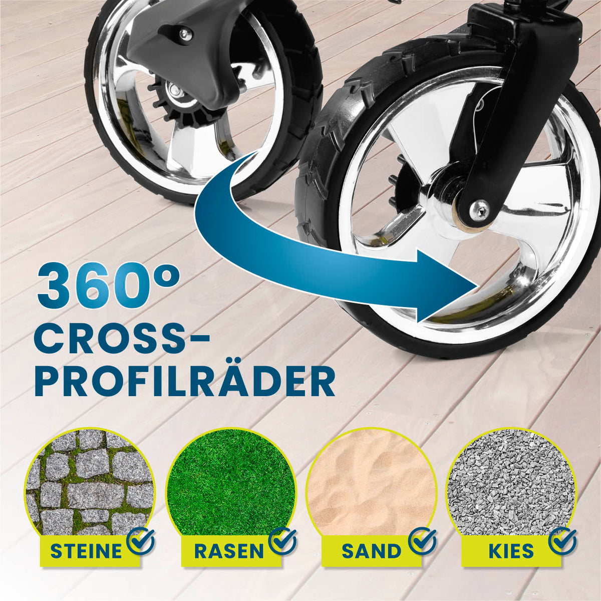 Faltbarer Bollerwagen - Beige mit 360°-Vorderrädern für Stein, Rasen, Sand und Kies, robust und vielseitig für Outdoor-Einsätze.