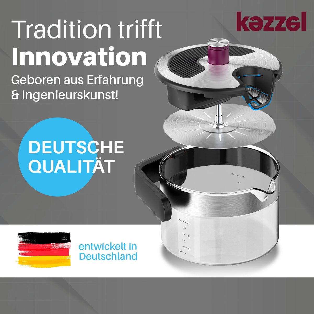Wasserkessel für Induktionsherde 1,5 Liter mit automatischer Abschaltung, langlebig, nachhaltig und aus deutscher Qualität entwickelt.