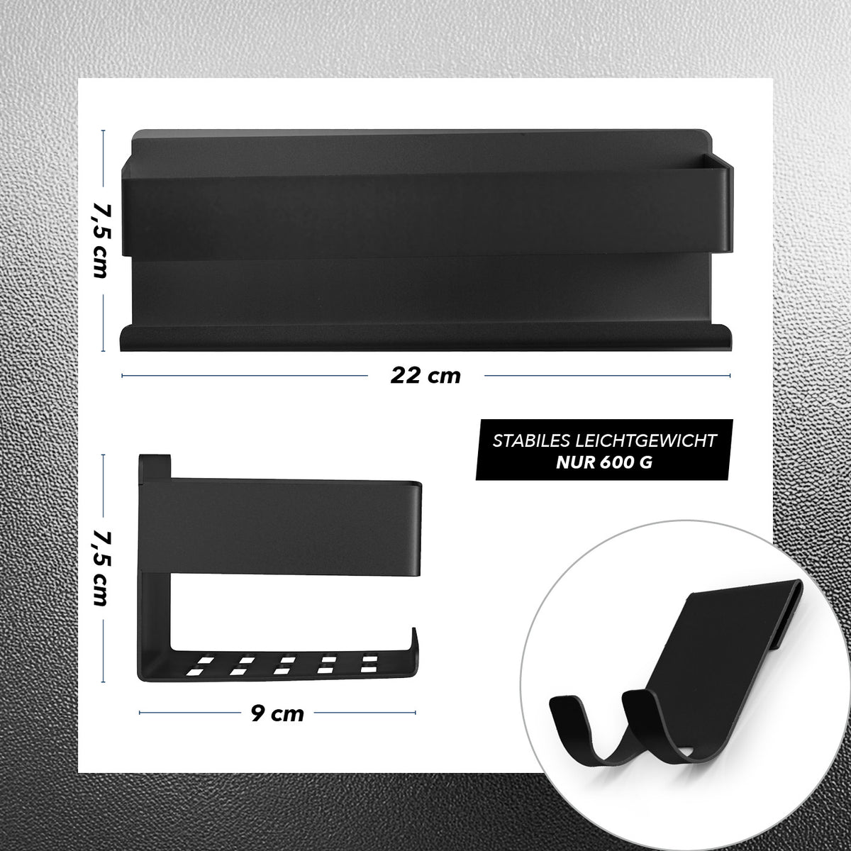 Dusch-Organizer zum Kleben oder Bohren - Schwarz, stabile, leichte Edelstahlablage mit Hakenleiste, 22x7,5x9 cm, 600 g, minimalistisches Design.