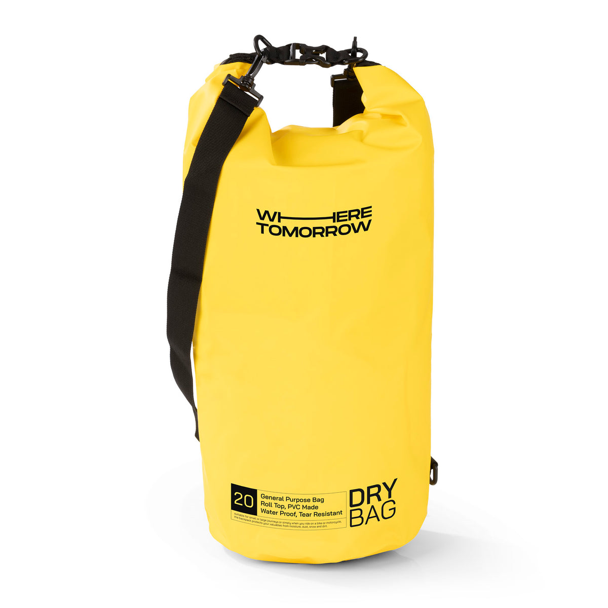 Dry Bag 20L - Style 01 - Gelb, wasserdichter, robuster Outdoor-Rucksack mit Rolltop-Verschluss und verstellbarem Schultergurt.