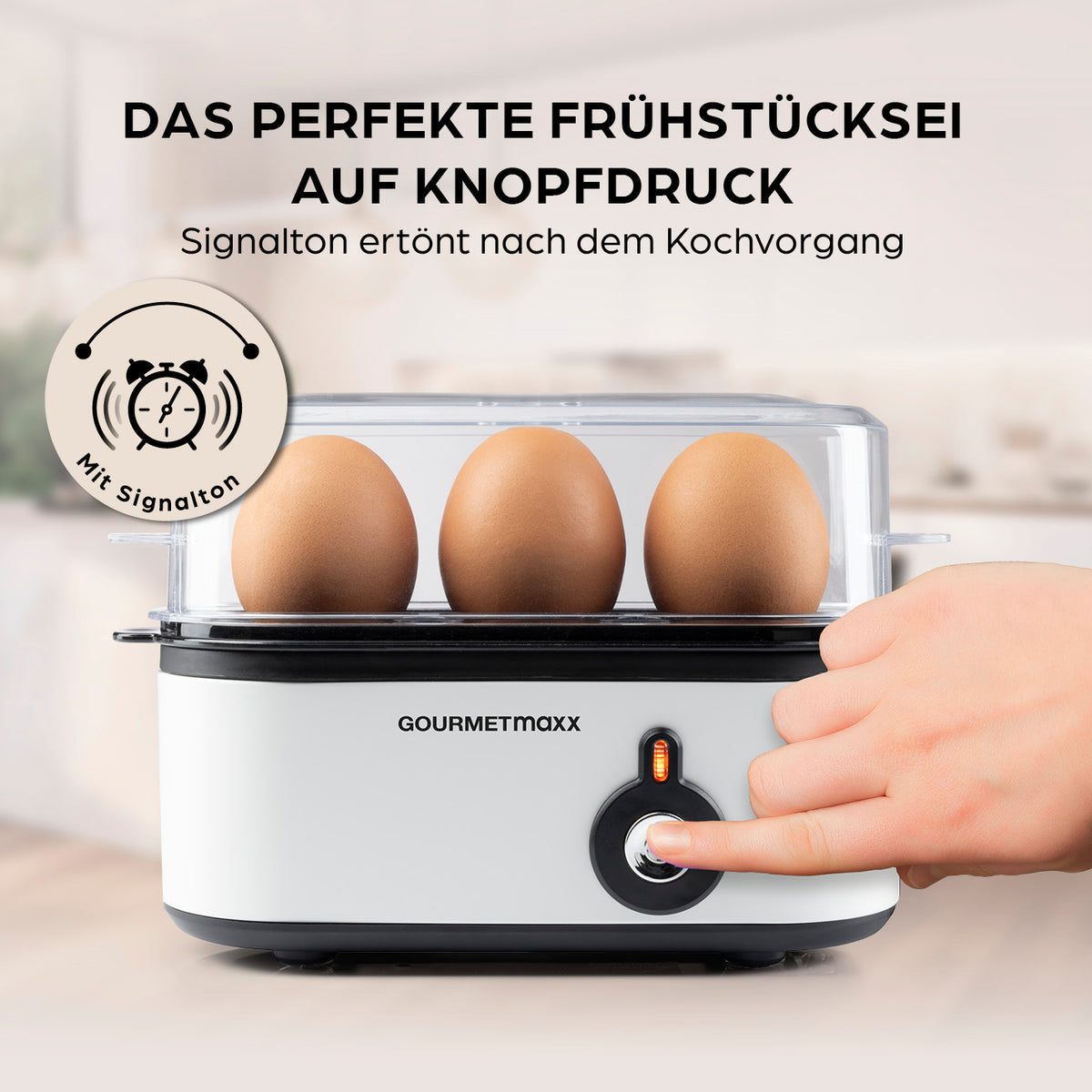 Design-Eierkocher 3 Eier - Weiß mit Signalton, perfekt für Eier in drei Härtegraden, einfache Bedienung per Knopfdruck.