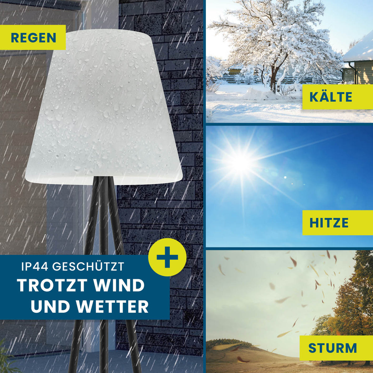 Solar-Stehlampe IP44 geschützt trotzt Regen, Kälte, Hitze und Sturm für den flexiblen In- und Outdoor-Einsatz.