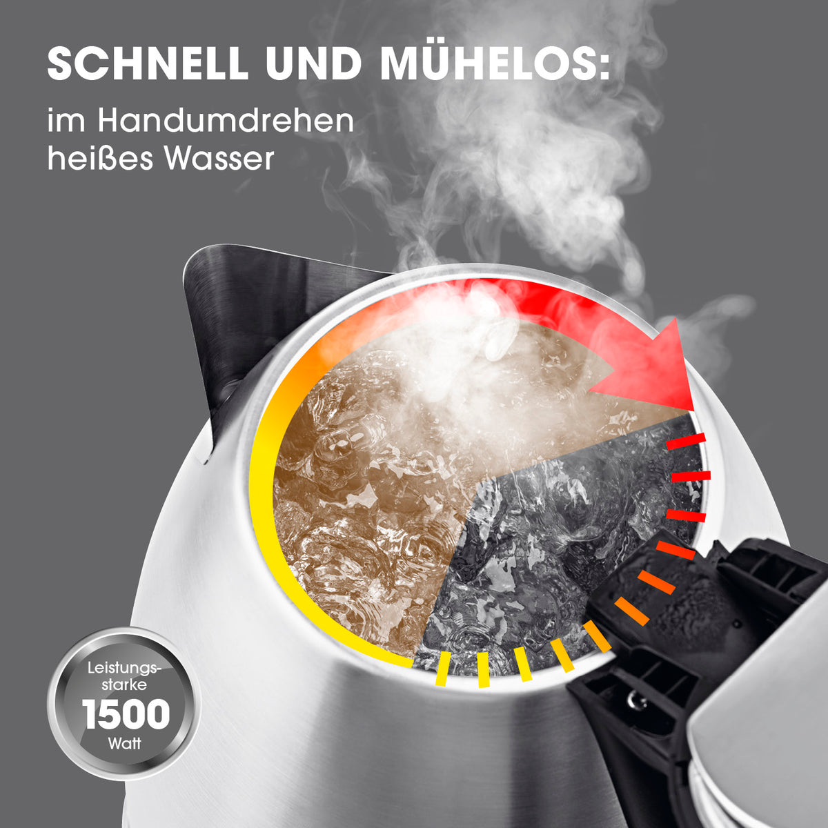 Wasserkocher - 1,8l - Edelstahl mit 1500 Watt Leistung, kabellos, 360°-Basis, automatischer Abschaltung und Wasserstandsanzeige.