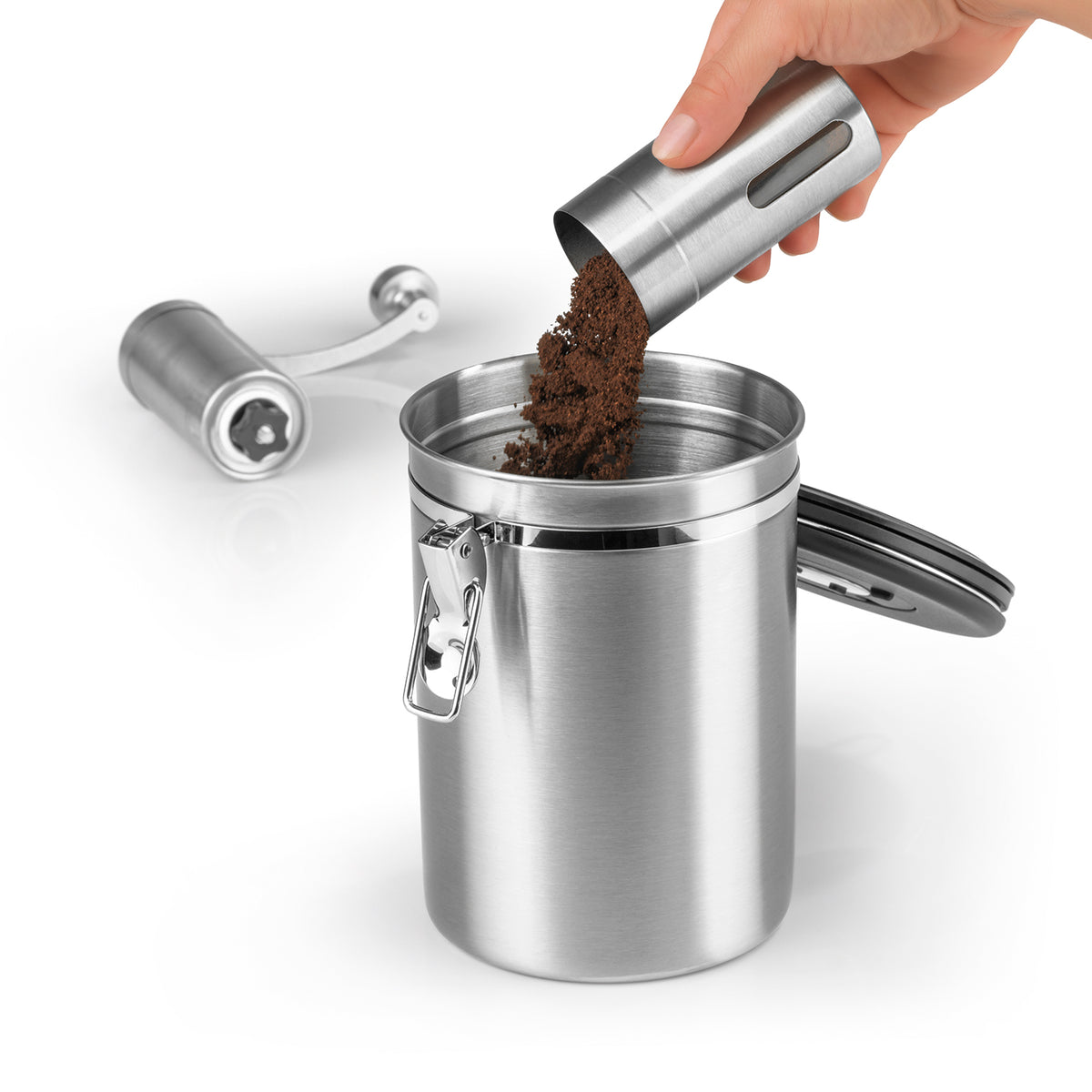 KAFFEEDOSE Vorratsdose mit Dosierlöffel - 1,9 l - 3er-Set aus Edelstahl mit luftdichtem Bügelverschluss und Frischeschutzventil.