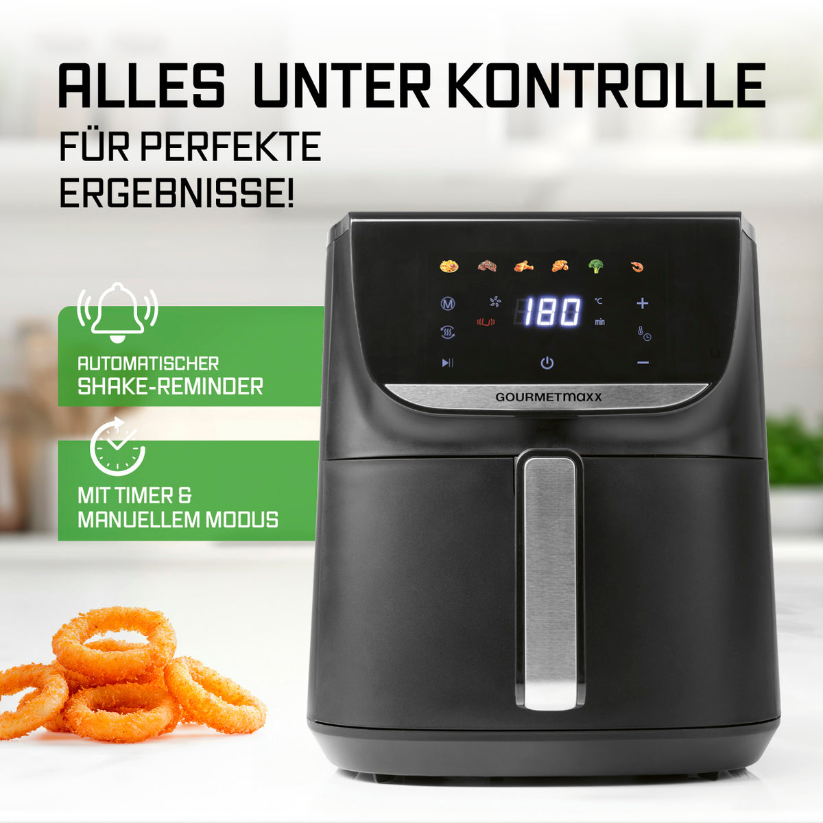 Heißluftfritteuse - 5,5 Liter mit 7,8 Zoll LED-Touchdisplay, automatischem Shake-Reminder und Timer für perfekte Ergebnisse.