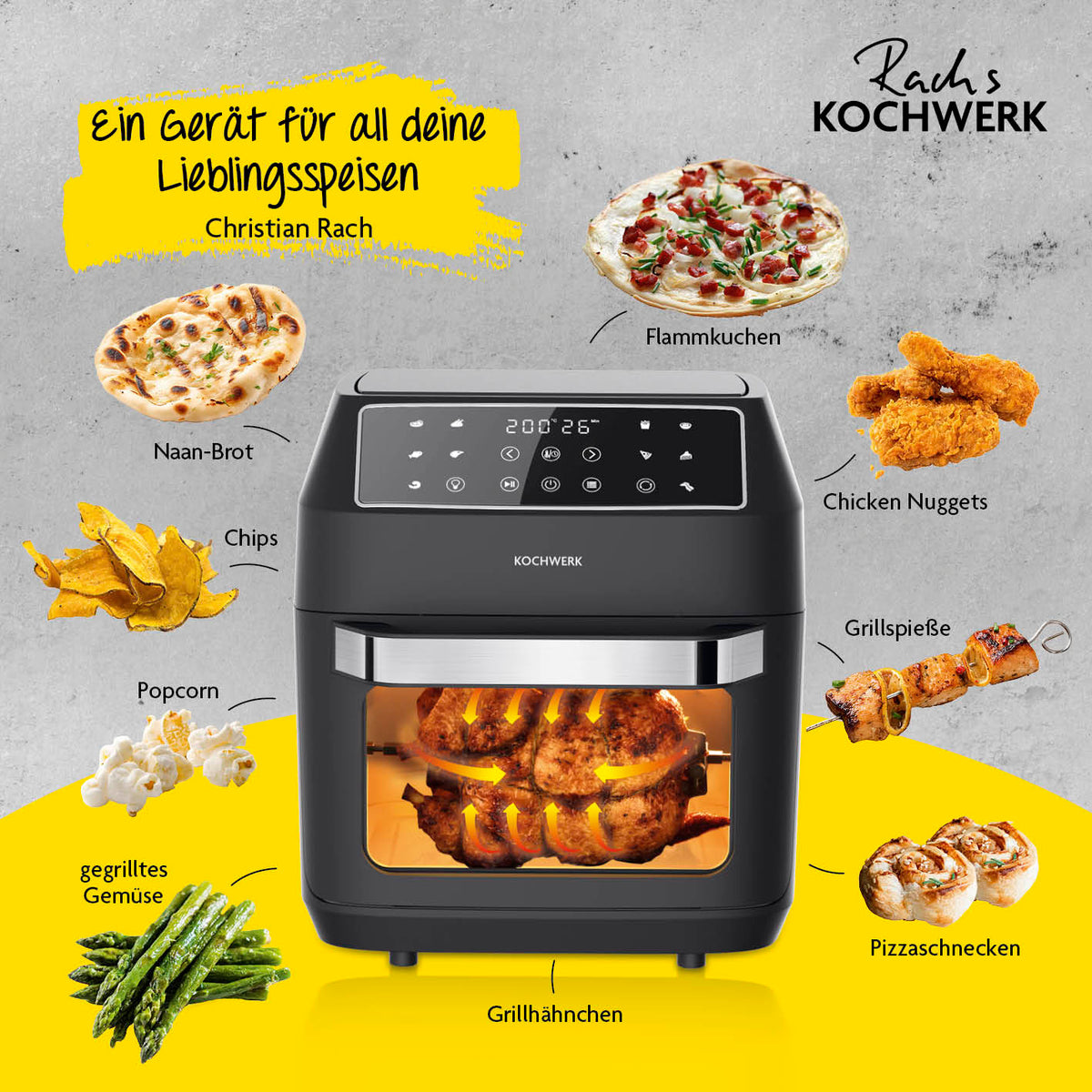 Heißluft-Ofen Digital 12l 1700W mit Touchdisplay für Grillhähnchen, Chicken Nuggets, Flammkuchen und mehr.
