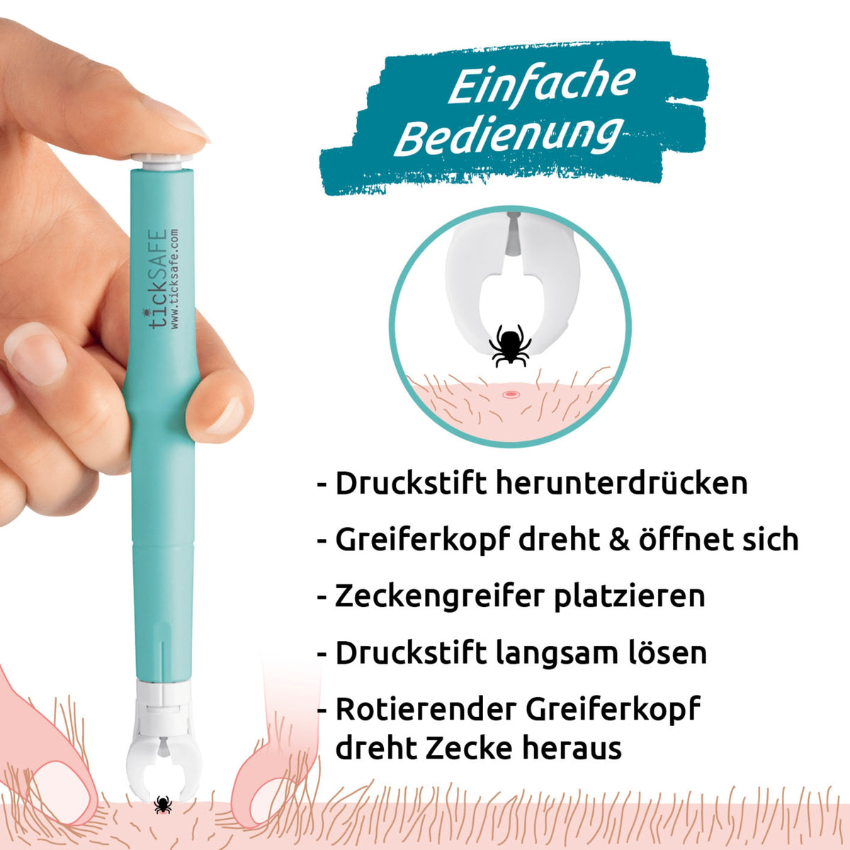 Zeckengreifer für Tiere mit rotierendem Greiferkopf zur sicheren, schonenden Entfernung von Zecken an schwer erreichbaren Stellen beim Tier.