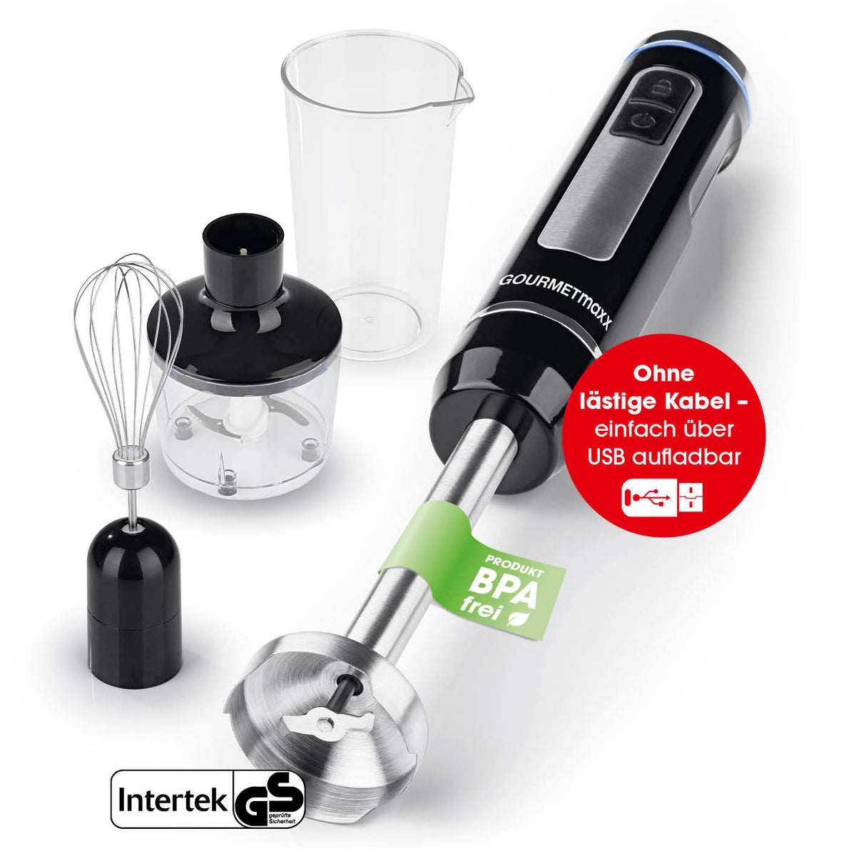 Akku-Stabmixer mit XL-Zubehör-Set kabellos, BPA-frei, mit Schneebesen, Zerkleinerer, Mixbecher und USB-C Ladekabel von GOURMETmaxx.