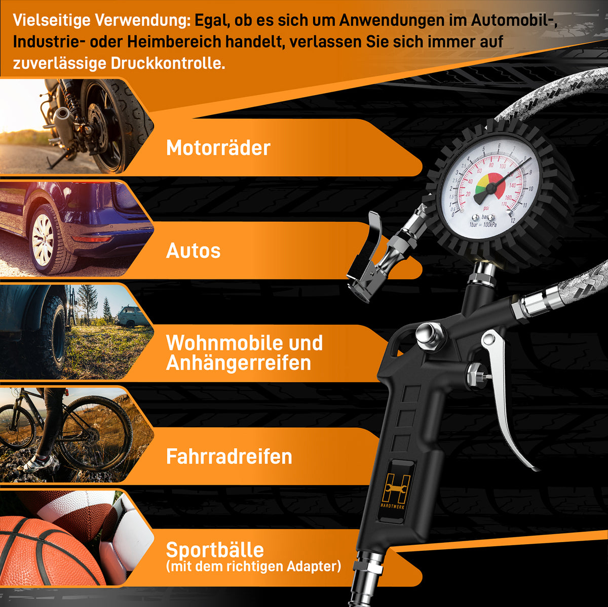 Reifendruckprüfer für Motorräder, Autos, Wohnmobile, Fahrräder und Sportbälle mit zuverlässiger Druckkontrolle.