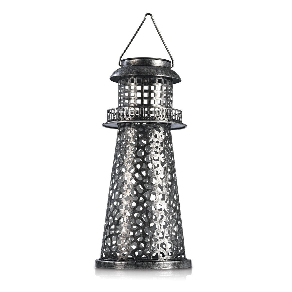 Solar-Leuchte Leuchtturm - silber, dekorativer perforierter Metall-Leuchtturm mit solarbetriebenem LED-Licht für Garten und Terrasse.