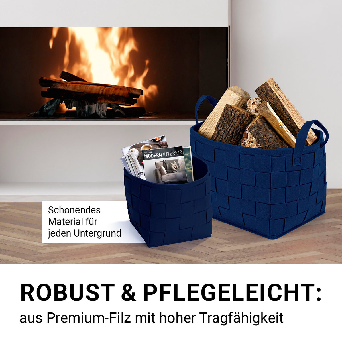 Filz-Aufbewahrungstasche L - 40 x 30 x 30 cm - Dunkelblau, robuster, faltbarer Filzkorb mit Tragegriffen, schonend für Böden und vielseitig nutzbar.