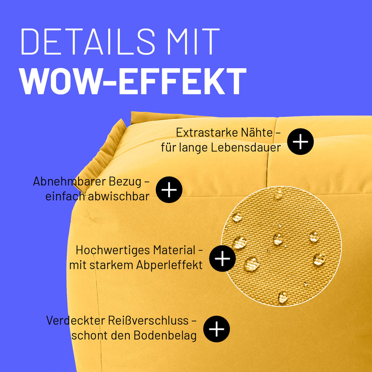 Sitzsack-Hocker (200 L) - Modulares System - indoor & outdoor - Senfgelb mit abnehmbarem Bezug, Abperleffekt und verstärkten Nähten.
