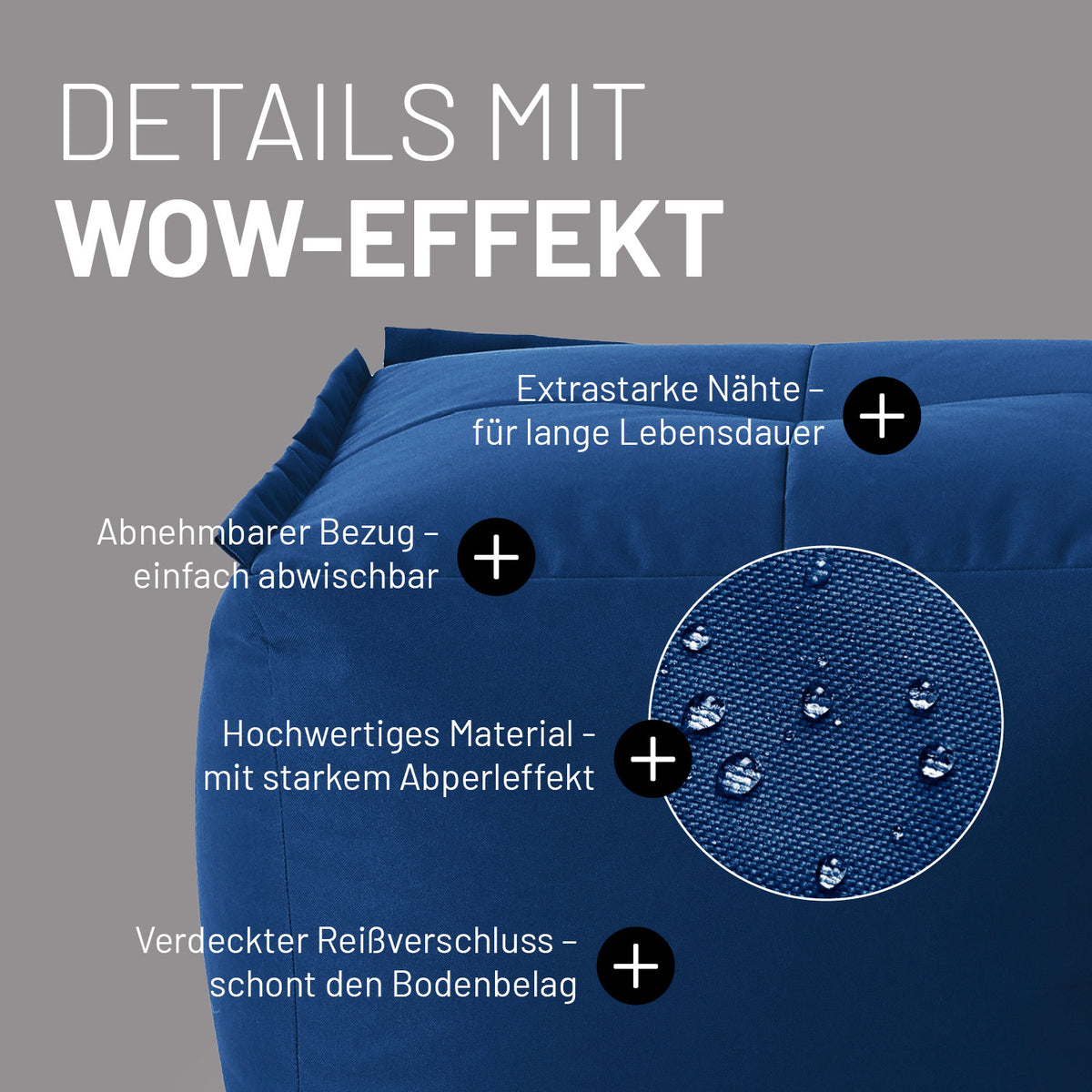 Sitzsack-Hocker (200 L) navyblau mit abnehmbarem, abwischbarem Bezug, verdecktem Reißverschluss und extrastarken Nähten für Indoor & Outdoor.