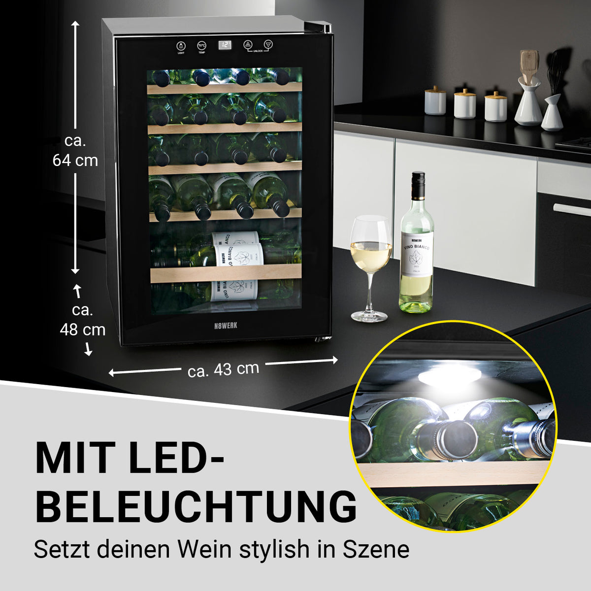 Weinkühlschrank - 20 Flaschen mit LED-Beleuchtung, freistehend, geräuscharm und temperaturgeregelte Kühlung für stilvolle Weinpräsentation.