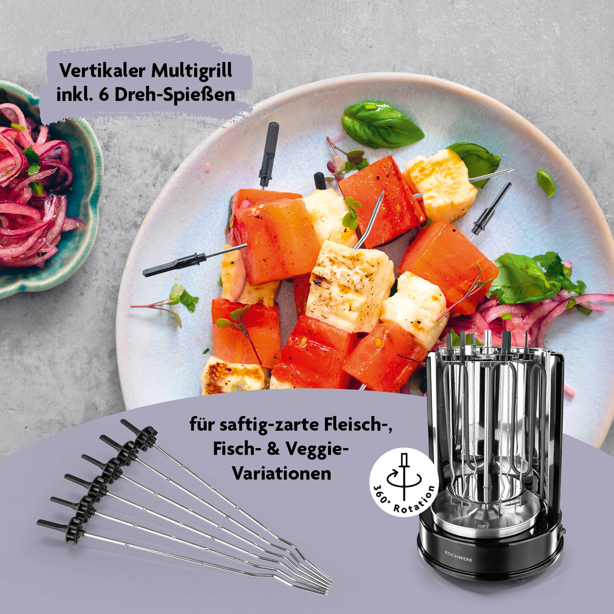 Dönergrill - Schwarz mit 6 Dreh-Spießen für saftig-zarte Fleisch-, Fisch- & Veggie-Variationen, 360°-Rotation, inkl. Fettauffangschale.