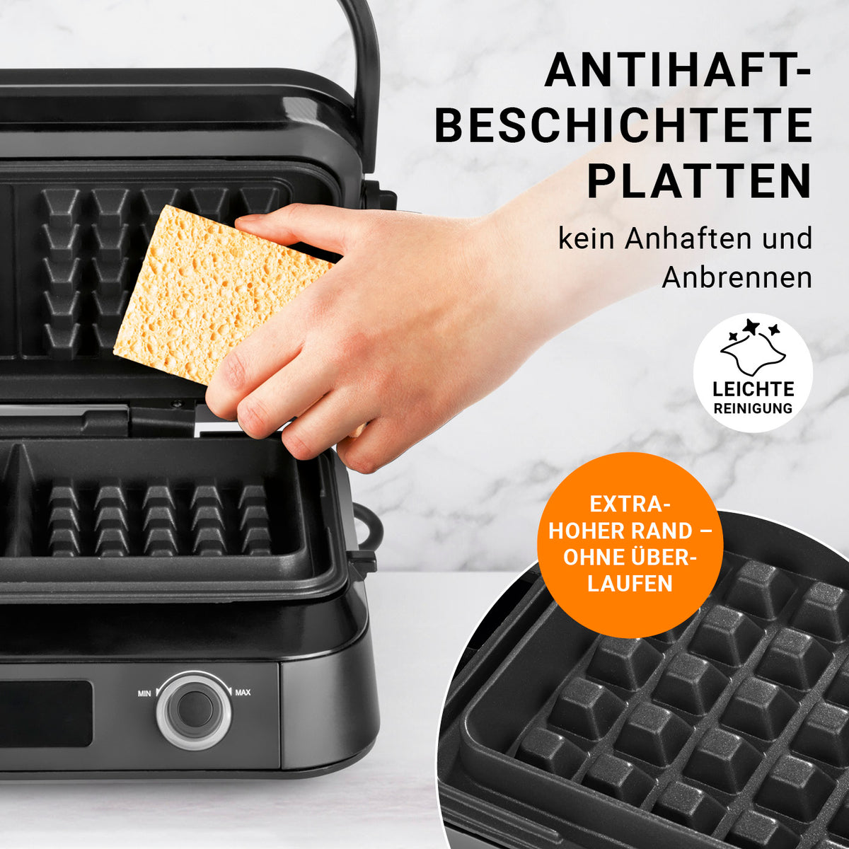 Premium-Waffeleisen mit antihaftbeschichteten Platten, extra hohem Rand und einfacher Reinigung für perfekte Waffeln ohne Anbrennen.