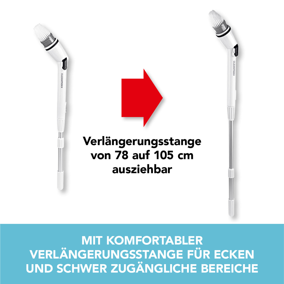Akku-Reinigungsbürsten-Set - weiß/schwarz mit ausziehbarer Verlängerungsstange von 78 auf 105 cm für schwer zugängliche Bereiche.