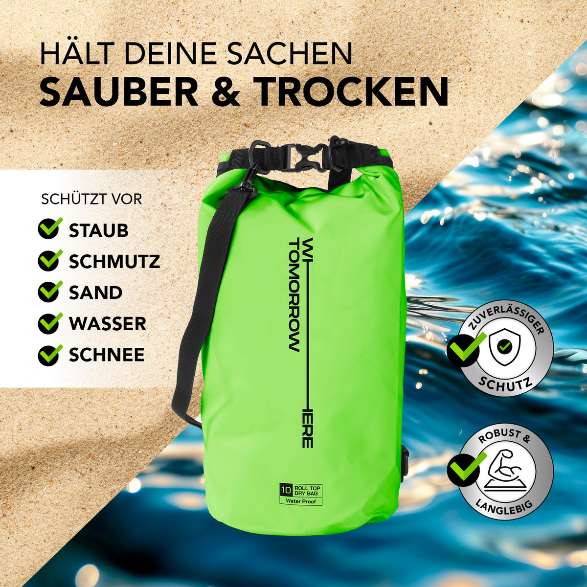 Dry Bag 10L - Style 02 - Grün wasserdichter, robuster Outdoor-Rucksack mit UV-Schutz, Rolltop-Verschluss und verstellbarem Schultergurt.