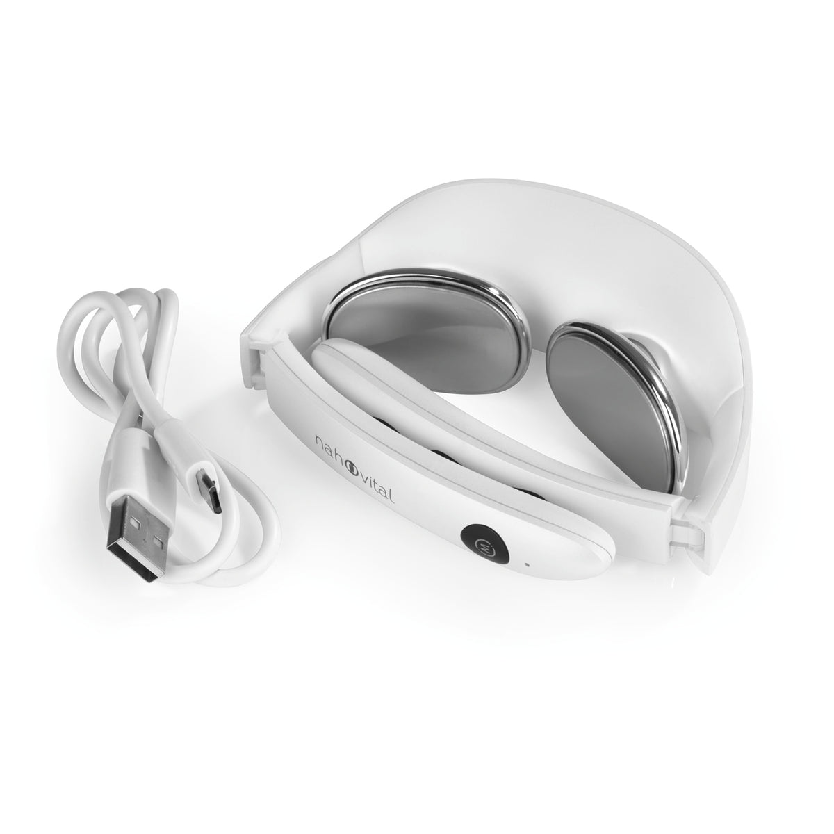 Kompakt-Nackenmassagegerät mit akkubetriebenem EMS, 5 Massagemodi, Wärmefunktion und USB-Ladekabel, tragbar und faltbar.