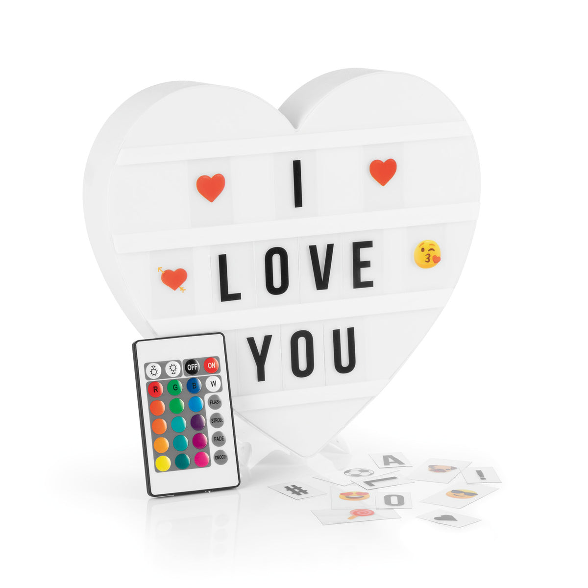 LED-Leuchtkasten Herz - 173 Buchstaben & 150 Moodjis, personalisierbar mit wechselbaren Buchstaben und bunter Fernbedienung.