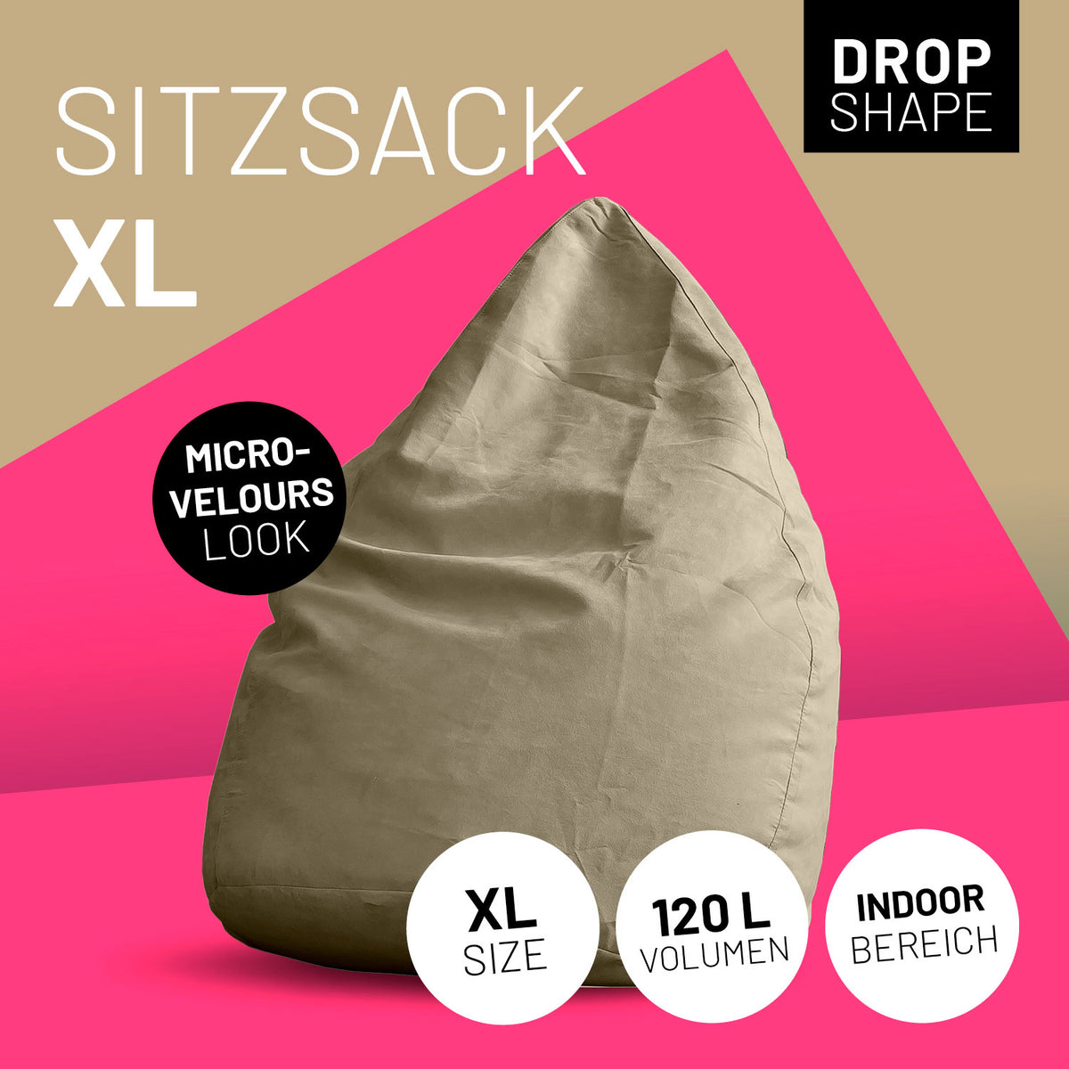 Luxury XL Sitzsack (120 L) - indoor - Beige in Micro-Velours Look, ideal für Wohnen und Entspannen im modernen Stil.