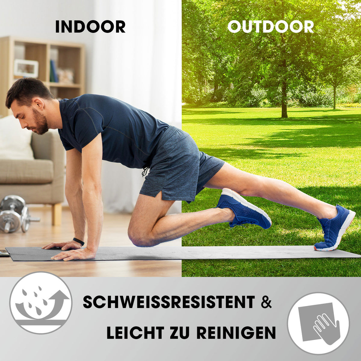 Fitness- und Gymnastikmatte - 183 x 61 x 1 cm - Grau, rutschfest, robust, schweißresistent, ideal für In- und Outdoor-Training.