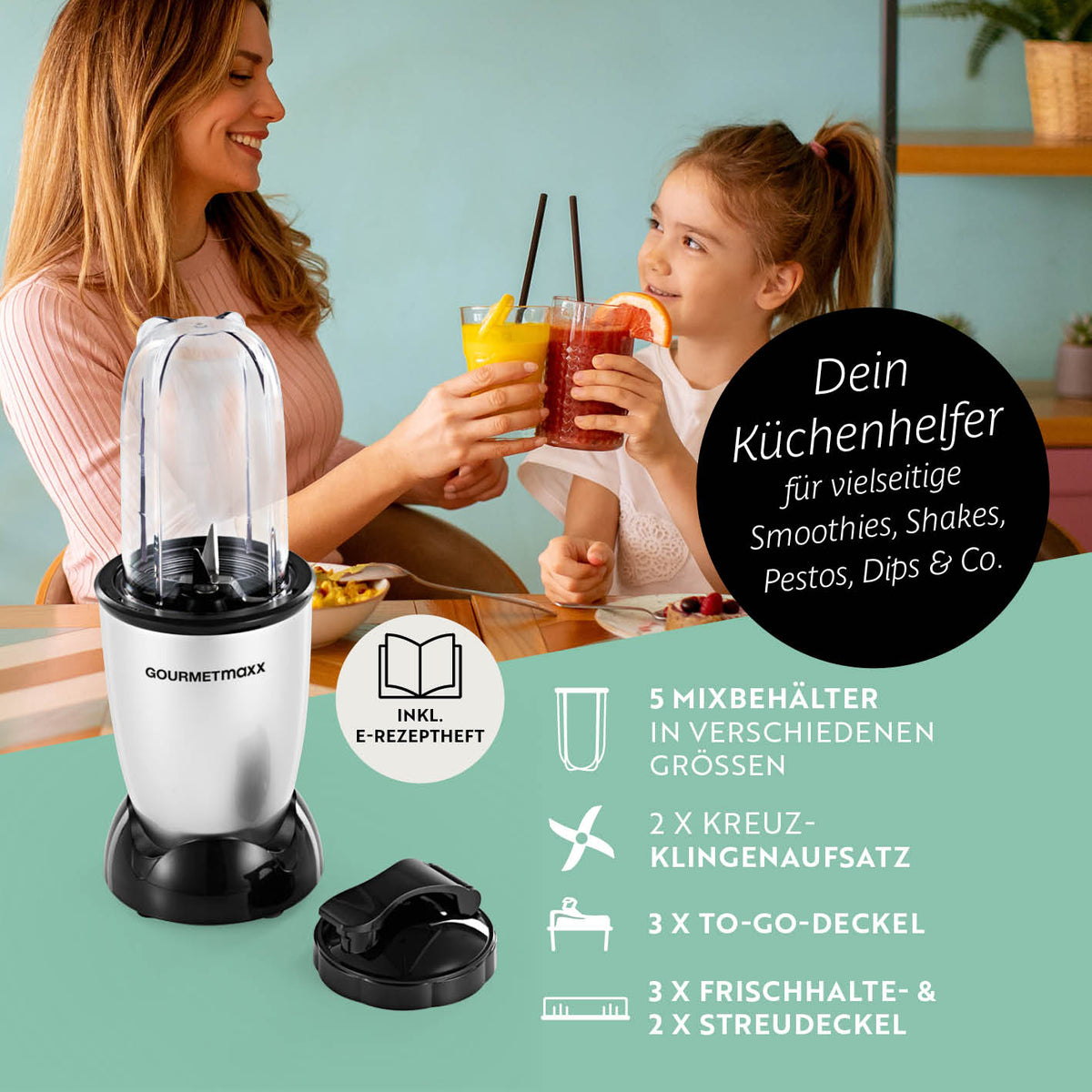 Mr. Magic Power 400 Pro mit Zubehörset XL - Silber/Schwarz kompakter Standmixer mit 400 W Motor und vielfältigem Zubehör für Smoothies und mehr