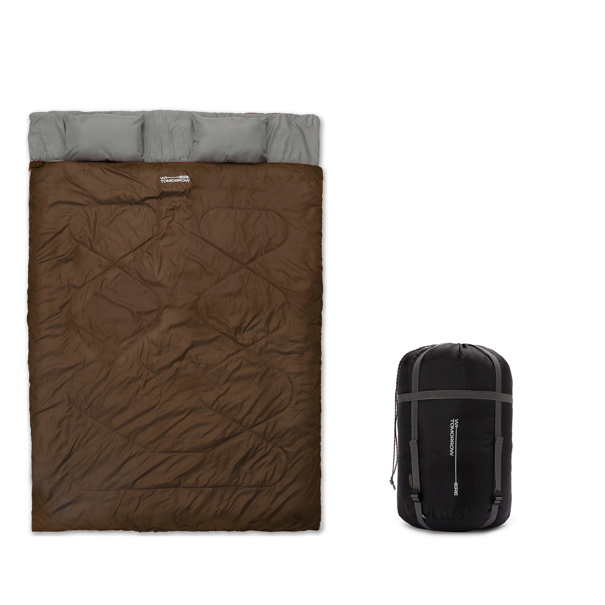 Doppelschlafsack mit Tragetasche - 2-Personen Schlafsack 190x150 cm Braun, wasserabweisend, mit Kissenfach und praktischer Tragetasche.