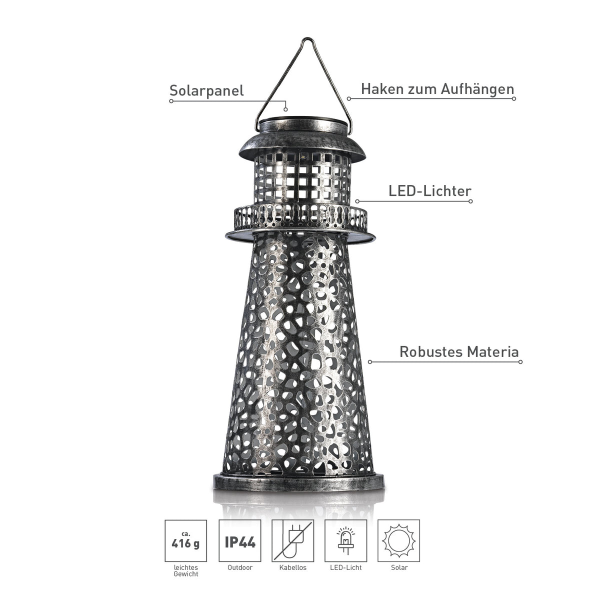 Solar-Leuchte Leuchtturm - silber, dekorativer solarbetriebener Leuchtturm aus robustem Metall mit LED-Licht, ideal für Garten und Terrasse.