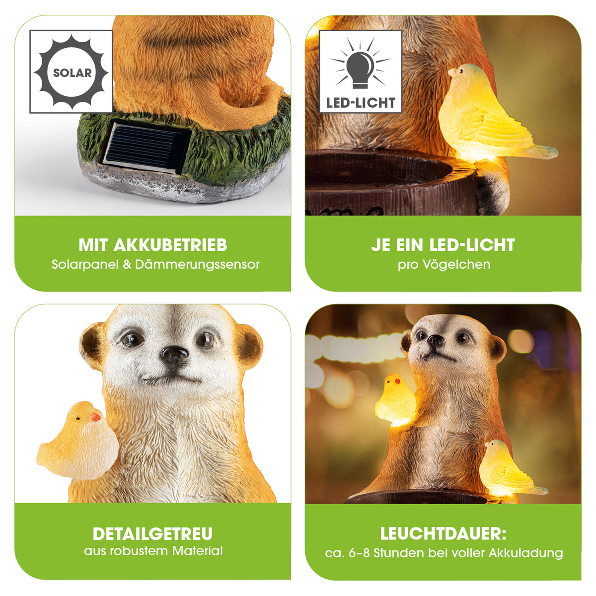 Solarleuchte Erdmännchen als Vogeltränke mit Solarpanel, 2 LED-Lichtern, detailgetreuem Design und Dämmerungssensor, Gartendeko Tag & Nacht.